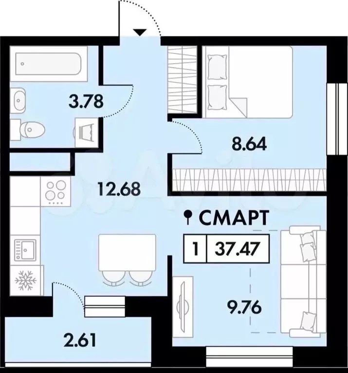 1-комнатная квартира: село Дядьково, Малиновая улица, 6 (37.47 м) - Фото 1