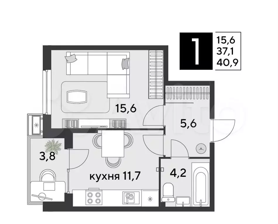 1-к. квартира, 40,9 м, 2/9 эт. - Фото 1