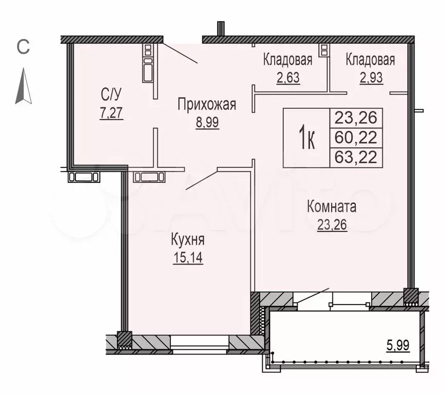 1-к. квартира, 64,1 м, 7/10 эт. - Фото 0