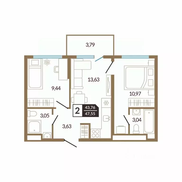 2-к кв. Тюменская область, Тюменский район, д. Дударева  (47.55 м) - Фото 0