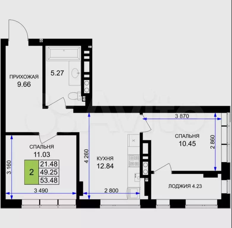 2-к. квартира, 53,5 м, 2/7 эт. - Фото 1