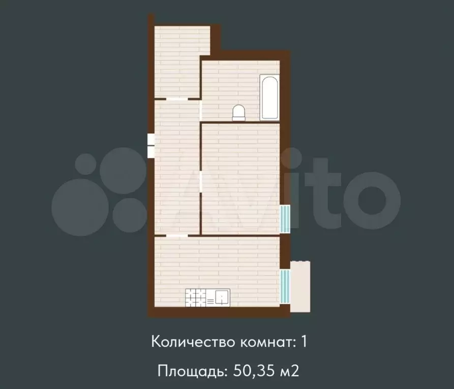 1-к. квартира, 50,4 м, 7/7 эт. - Фото 1