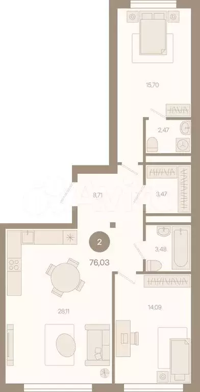 2-к. квартира, 76 м, 6/8 эт. - Фото 0