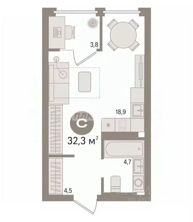 Студия Тюменская область, Тюмень ул. Монтажников, 59 (32.3 м) - Фото 1