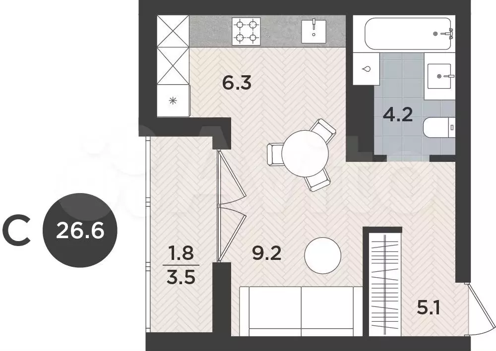 Квартира-студия, 26,6 м, 8/9 эт. - Фото 0