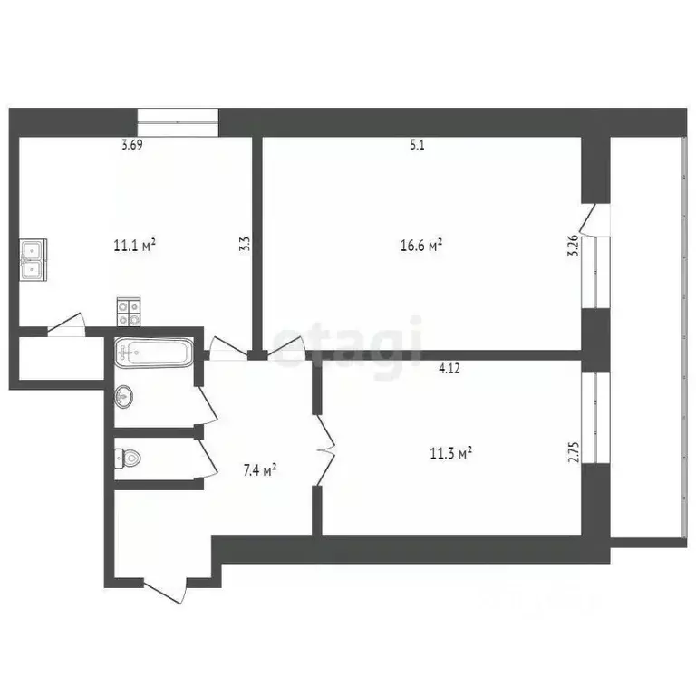 2-к кв. Татарстан, Набережные Челны 28-й комплекс, 4 (51.0 м) - Фото 1