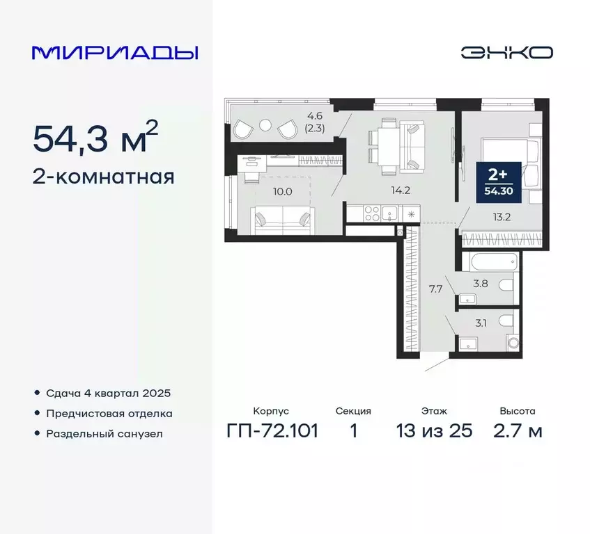 2-к кв. Тюменская область, Тюмень Мириады жилой комплекс (54.3 м) - Фото 0