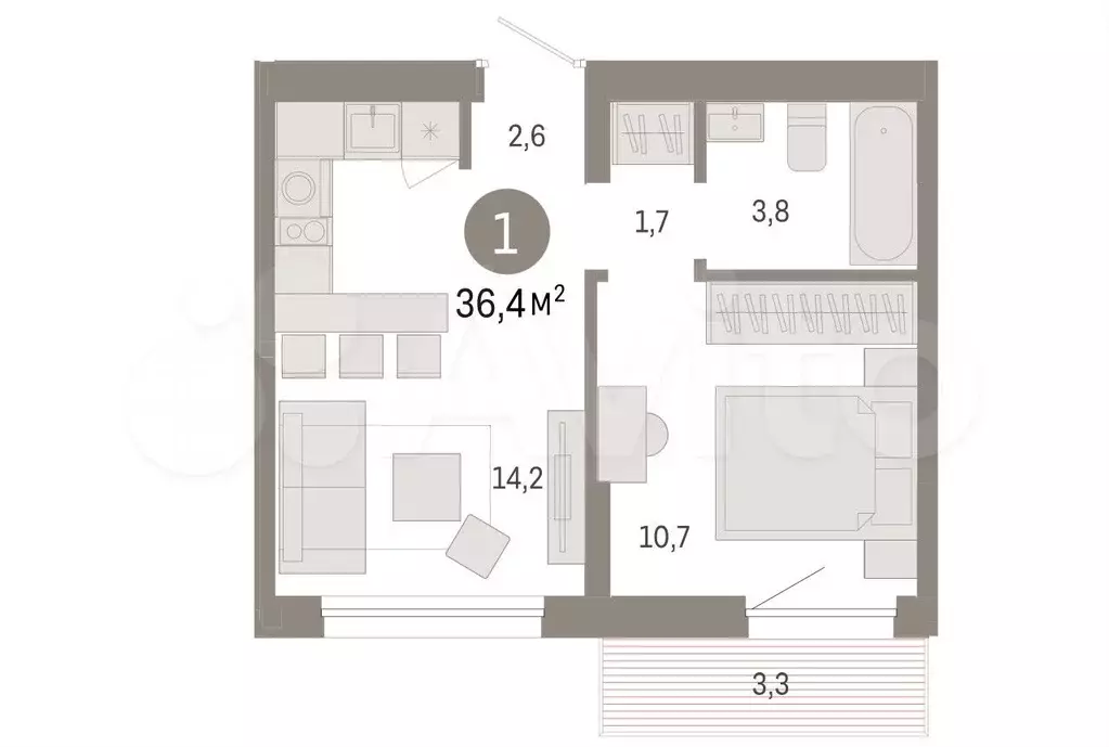 1-к. квартира, 36,4 м, 7/9 эт. - Фото 1