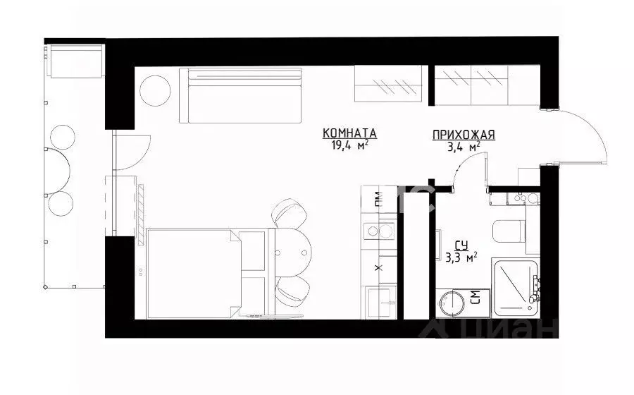 Студия Санкт-Петербург ул. Среднерогатская, 16к5 (26.5 м) - Фото 2