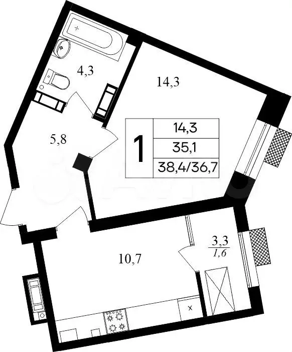1-к. квартира, 38,4 м, 7/8 эт. - Фото 0