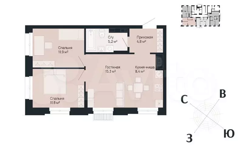 2-к. квартира, 57,4 м, 1/8 эт. - Фото 1