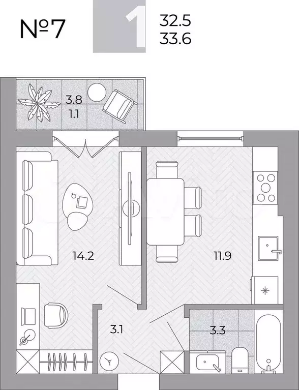 1-к. квартира, 33,6 м, 1/4 эт. - Фото 0