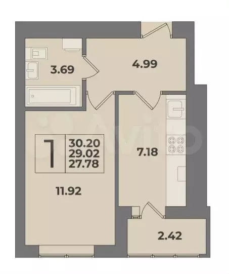 1-к. квартира, 30 м, 7/9 эт. - Фото 1
