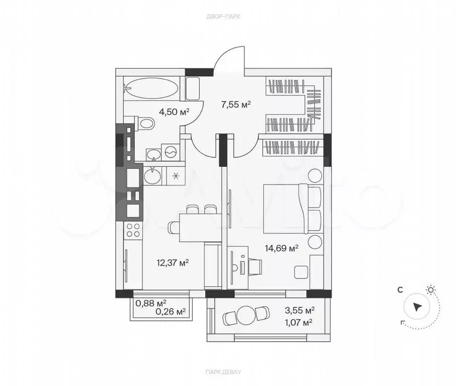 1-к. квартира, 40,4 м, 7/7 эт. - Фото 1