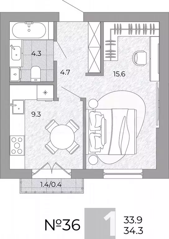 1-к. квартира, 34,3 м, 2/4 эт. - Фото 0