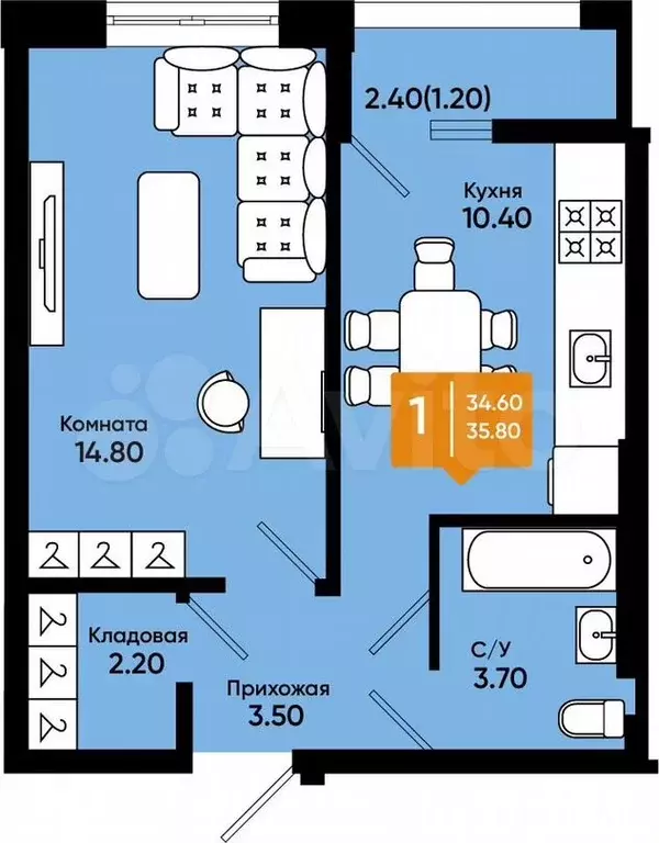 1-к. квартира, 35,8м, 1/9эт. - Фото 1