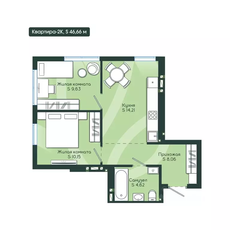 2-к кв. Кемеровская область, Новокузнецк Клевер жилой комплекс (46.66 ... - Фото 2