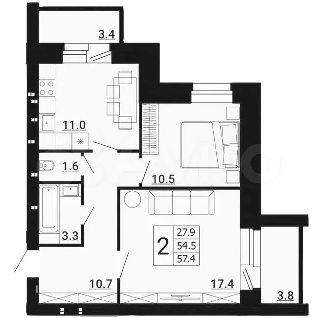 2-к. квартира, 57,1 м, 1/8 эт. - Фото 0