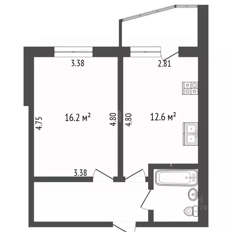 1-к кв. Белгородская область, Белгород ул. Каштановая, 2 (38.0 м) - Фото 2