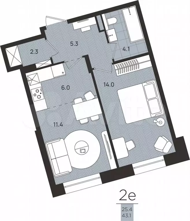 2-к. квартира, 43,1 м, 1/8 эт. - Фото 0