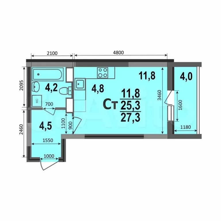 Квартира-студия, 27,3 м, 13/17 эт. - Фото 0