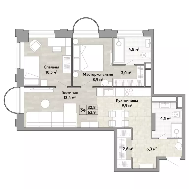 2-к квартира, 64.1 м - Фото 0