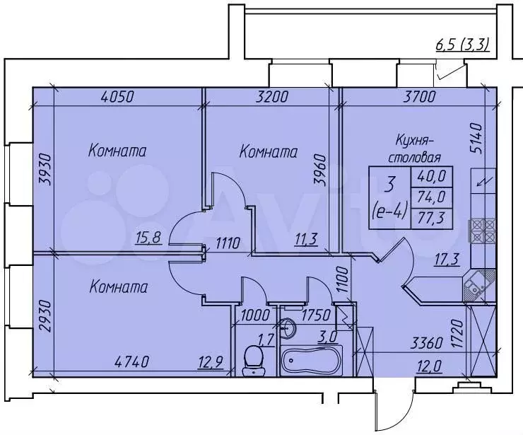 3-к. квартира, 77,3 м, 3/9 эт. - Фото 0