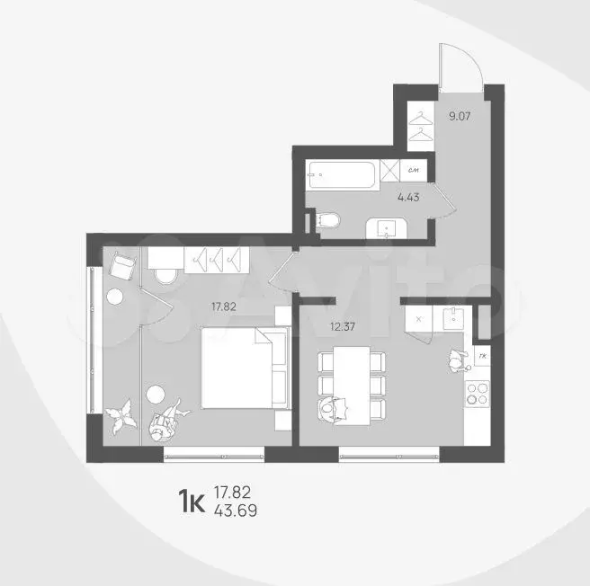 1-к. квартира, 43,7 м, 1/4 эт. - Фото 1