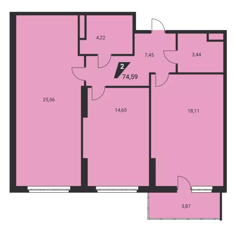 2-к квартира, 74.59 м - Фото 1