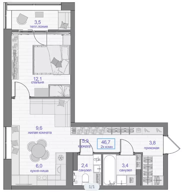 Продаётся 1-к квартира, 46.7 м - Фото 0