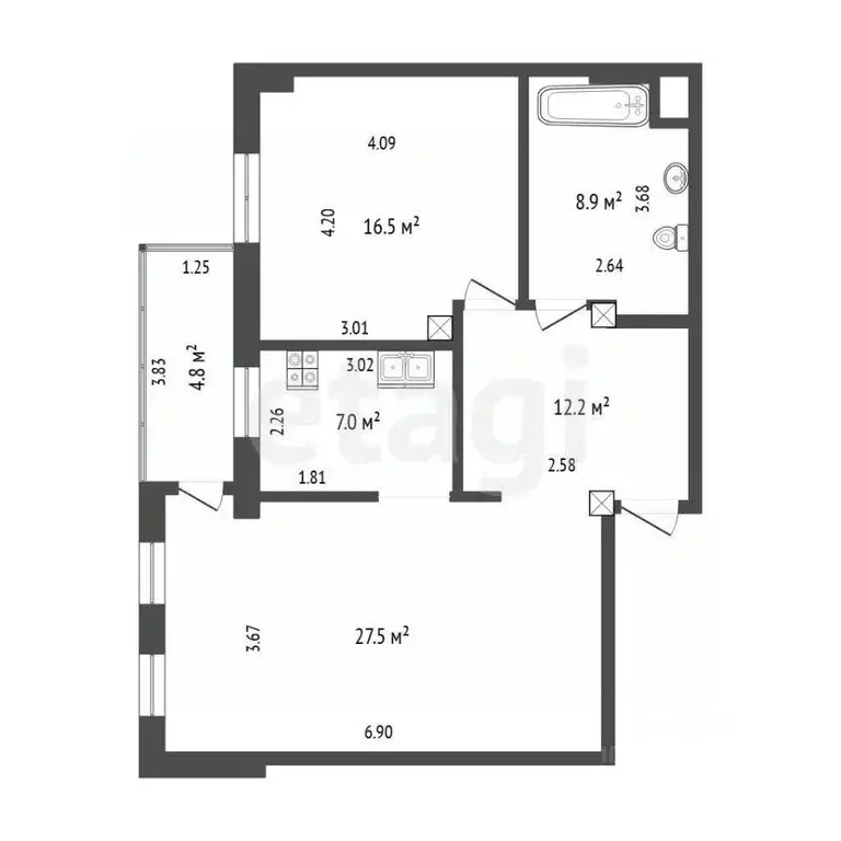 2-к кв. Тюменская область, Тюмень ул. Орджоникидзе, 16к1 (72.1 м) - Фото 2