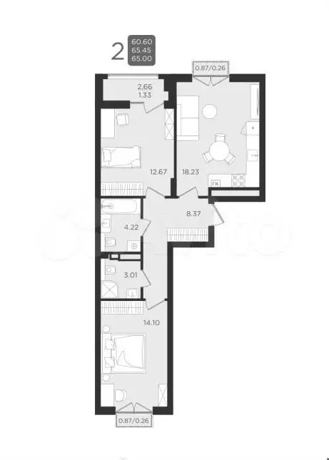 2-к. квартира, 65 м, 9/9 эт. - Фото 1