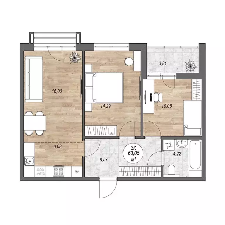 3-к квартира, 63.05 м - Фото 0