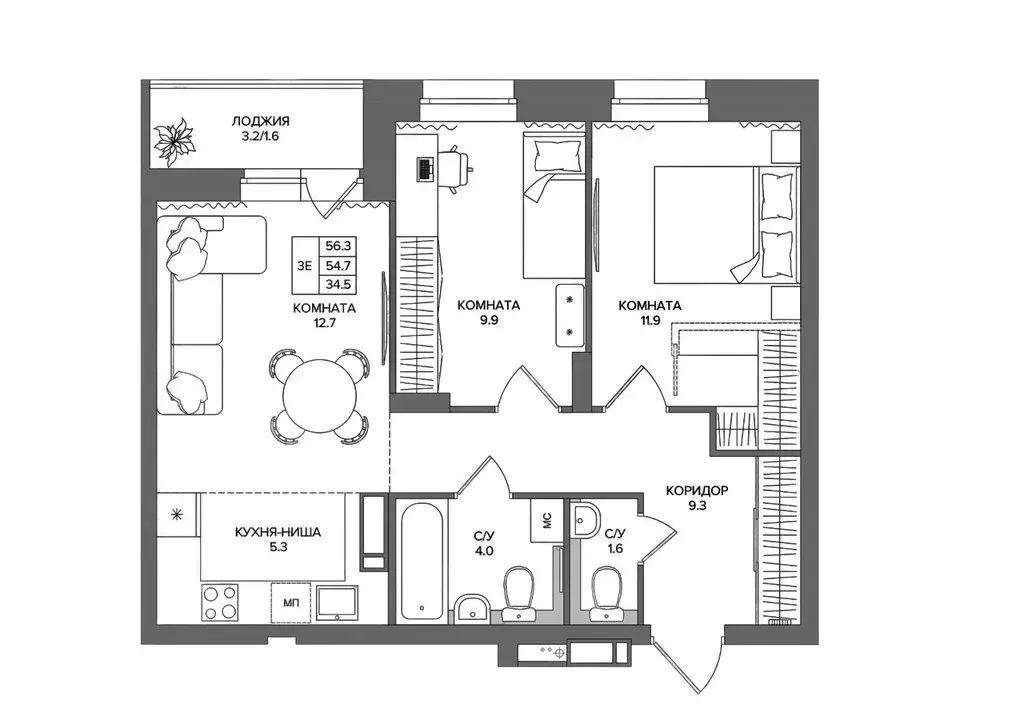 3-комнатная квартира: Пермский муниципальный округ, деревня ... - Фото 1