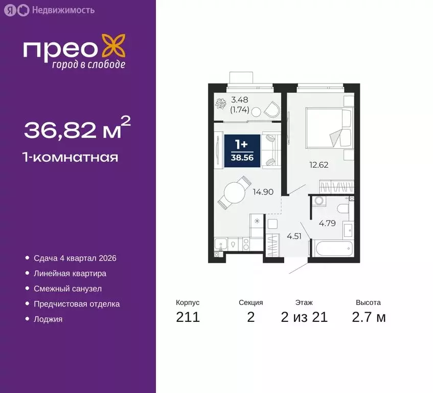 1-комнатная квартира: Тюмень, Арктическая улица, 6 (36.82 м) - Фото 0