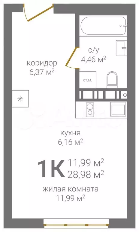 1-к. квартира, 29 м, 9/24 эт. - Фото 1