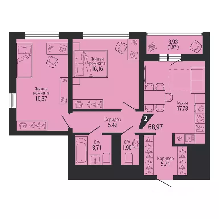 2-к кв. Свердловская область, Екатеринбург пер. Ученический, 4 (68.7 ... - Фото 1