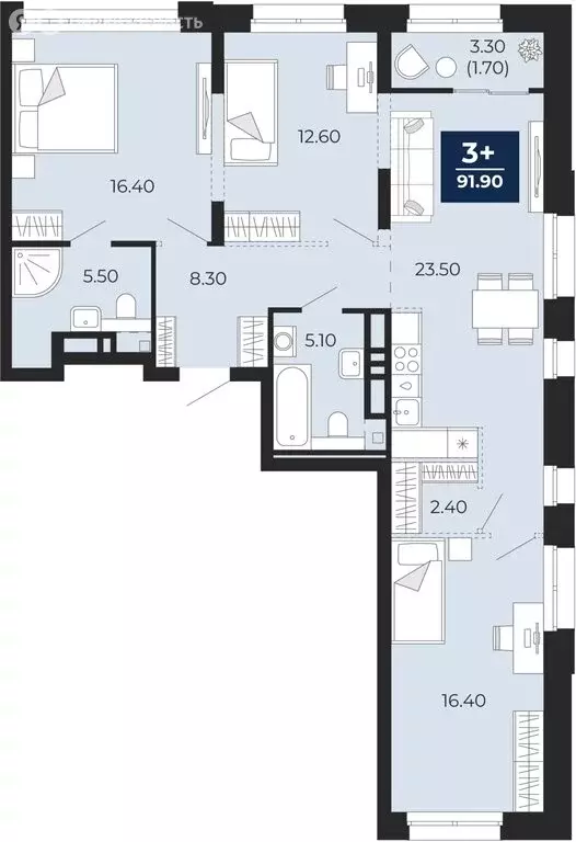 3-комнатная квартира: Тюмень, улица Пожарных и Спасателей, 1 (91.9 м) - Фото 1