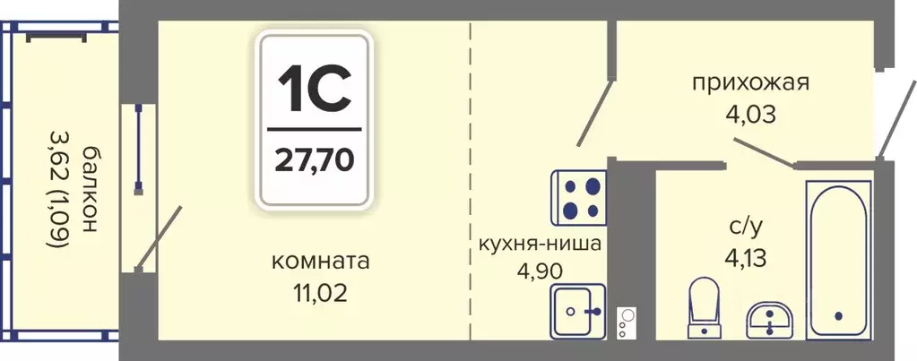 Студия Пермский край, Пермь Гайва мкр,  (27.7 м) - Фото 1