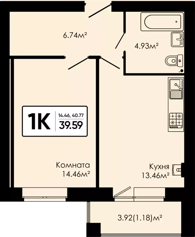 1-к квартира, 39.59 м - Фото 0
