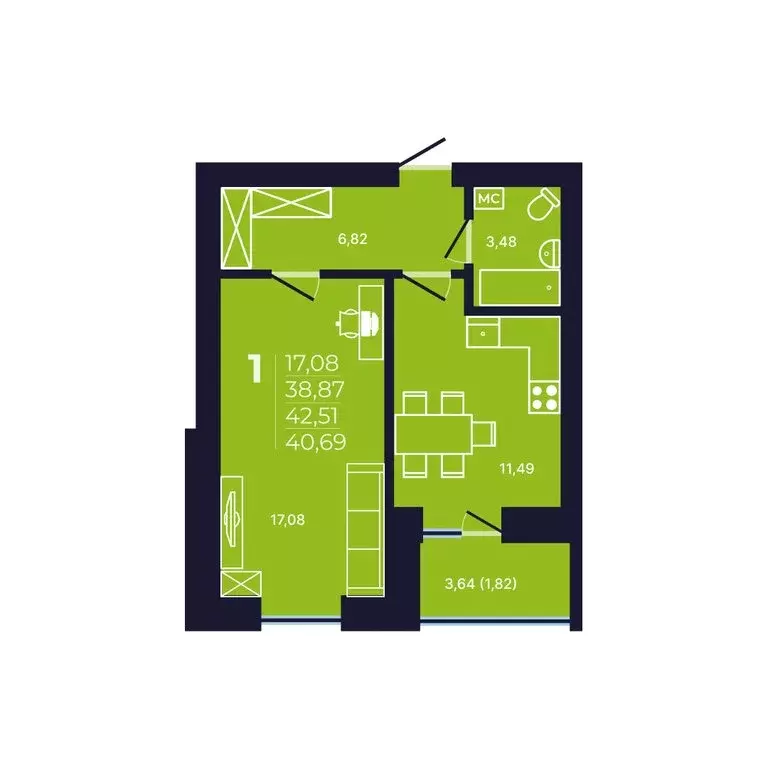 1-комнатная квартира: Уфа, улица Михаила Зайцева, 8 (40.9 м) - Фото 1