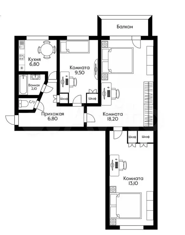 3-к. квартира, 61 м, 5/5 эт. - Фото 0