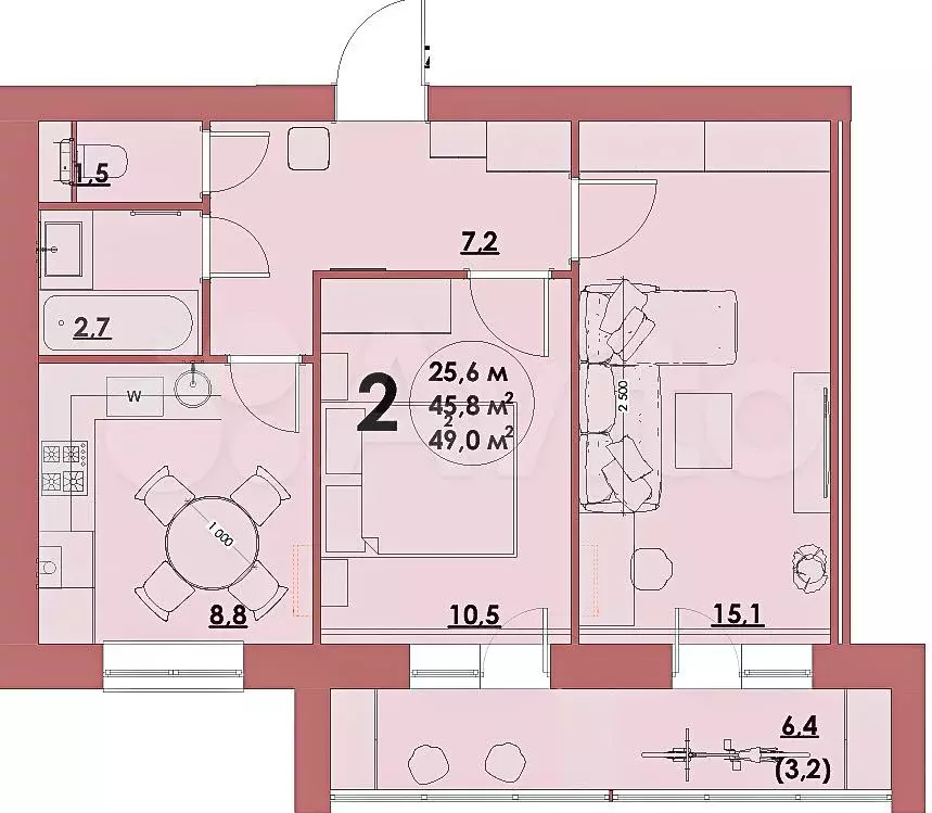 2-к. квартира, 49 м, 3/5 эт. - Фото 0