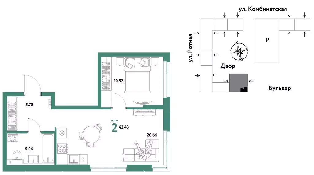 2-комнатная квартира: Екатеринбург, Ленинский район (42.43 м) - Фото 1