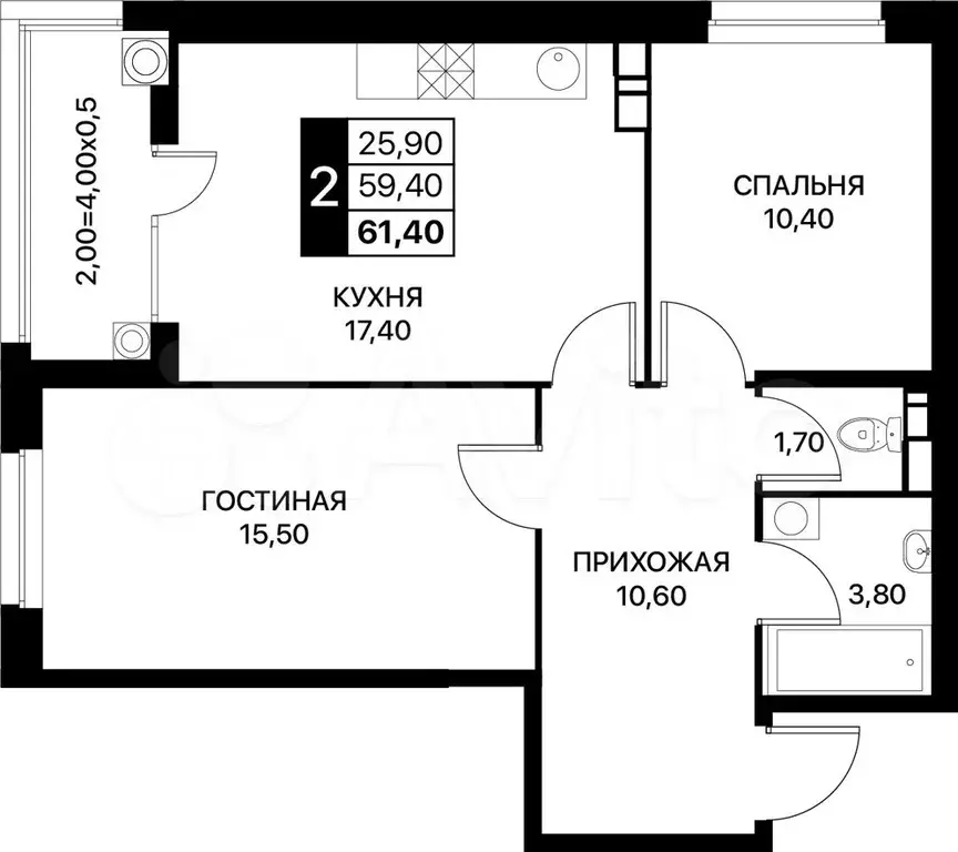 2-к. квартира, 61,4 м, 4/18 эт. - Фото 0