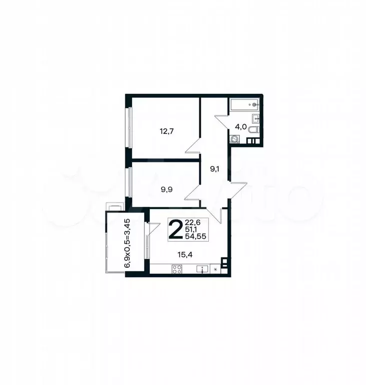 2-к. квартира, 54,6 м, 3/4 эт. - Фото 1