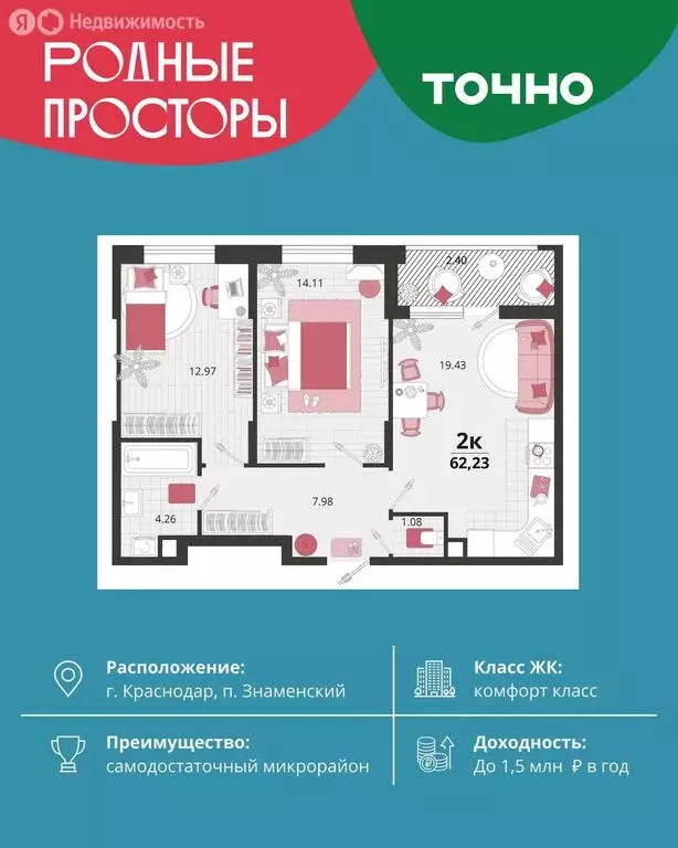 2-комнатная квартира: посёлок Знаменский, Природная улица, 10Бк19 ... - Фото 1