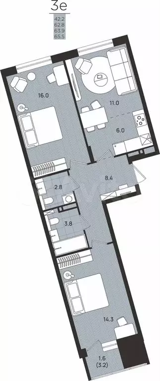 3-к. квартира, 63,9 м, 7/8 эт. - Фото 0