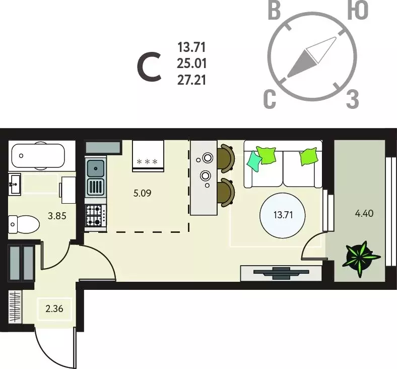 Квартира-студия: Курск, улица Энгельса, 115/6 (27.21 м) - Фото 1