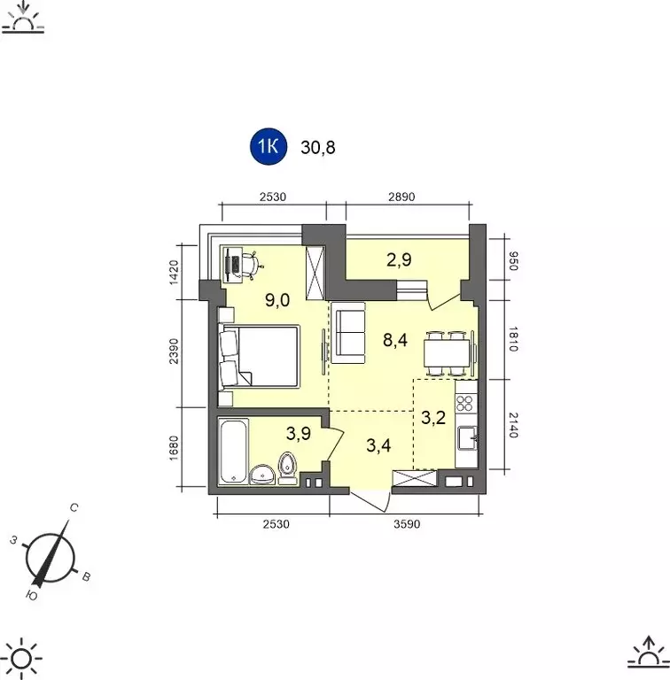 1-комнатная квартира: Иркутск, Старо-Кузьмихинская улица, 36/1 (30.8 ... - Фото 0